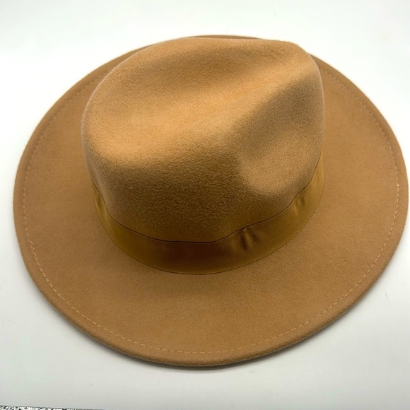 POL Tan Wool Wide Brim Bow Fedora Hat